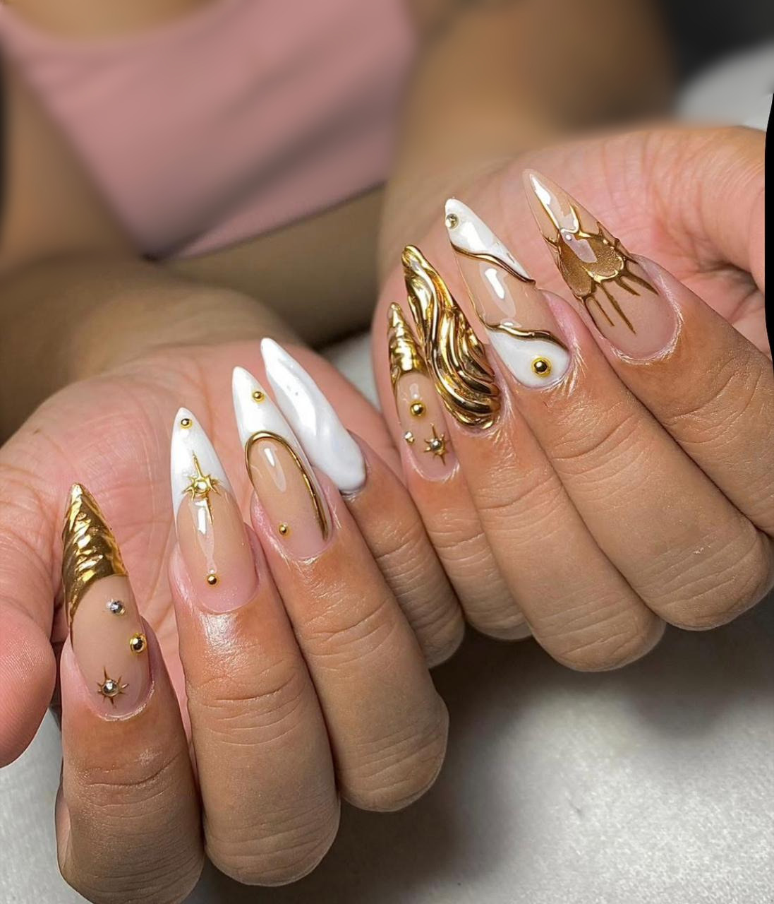 White and gold 3D sculpted nail art by Monique Tapalla